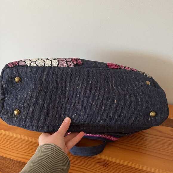 America & Beyond Embellished Floral Beaded Travel Bag Blue Pink - Picture 5 of 8